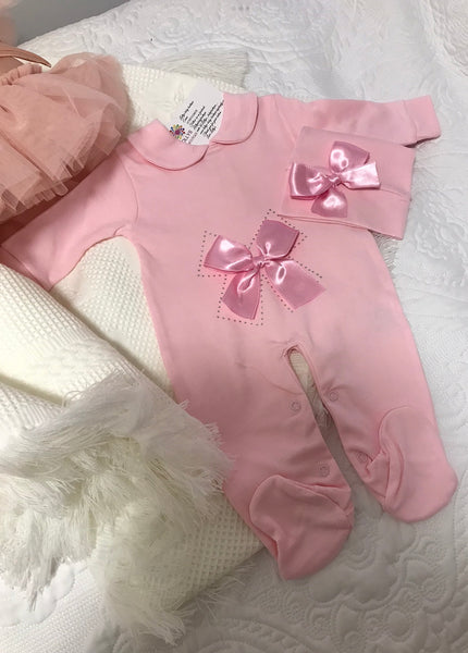 Baby girls satin bow babygrow & hat set