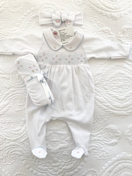 Baby girls new season magnolia hospital set babygrow blanket and headband set
