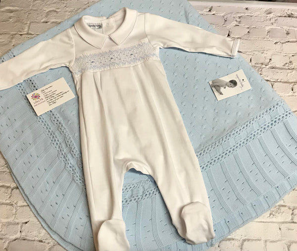 Baby boys magnolia white with baby blue stitching smocking detail