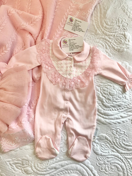 Baby girls frilly and lace chest babygrow
