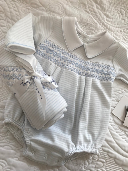 Baby boys magnolia smocking romper and blanket set