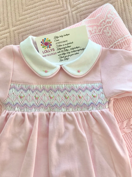 Baby girls new season magnolia smocked babygrow scratch mitts on sleeve