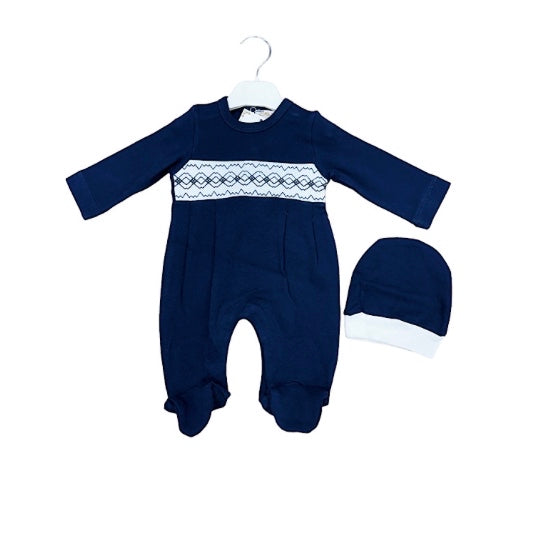 Baby boys navy babygrow & hat set small fitting