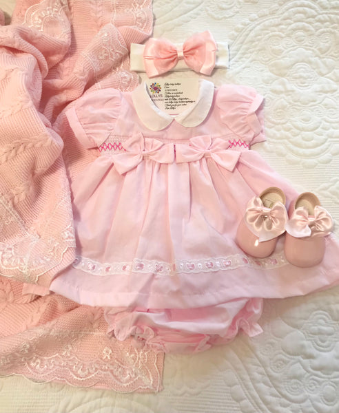 Baby girls smocked bow dress knickers and headband set