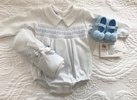 Baby boys magnolia smocking romper and blanket set
