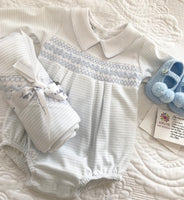 Baby boys magnolia smocking romper and blanket set