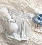 Baby boys magnolia smocking romper and blanket set