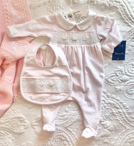 Baby girls Magnolia Candy strip smocked babygrow and bib set