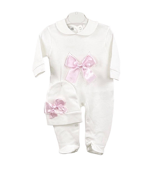 Baby girls satin bow babygrow & hat set