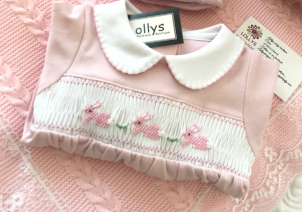 Baby girls  magnolia bunny smocking babygrow
