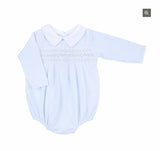 Baby boys magnolia Smocked romper blue and white .
