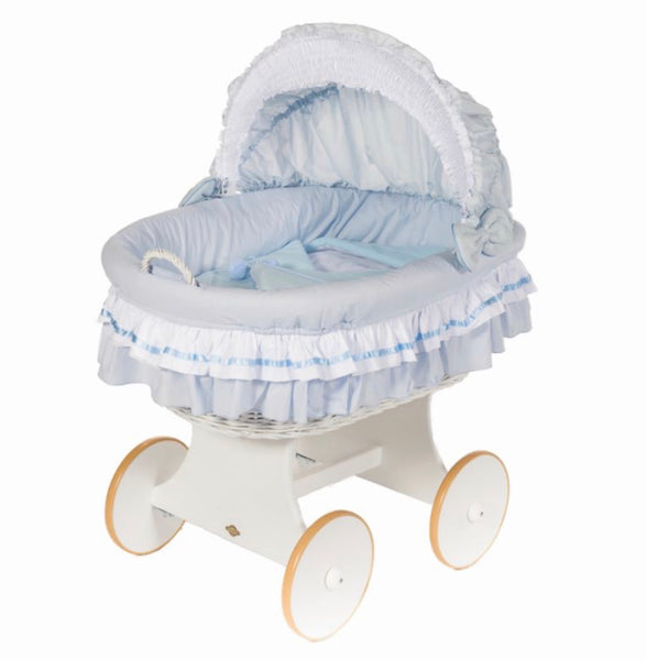 Luna due . White basket . Blue  snuggle pod bumper mattress and hood cot