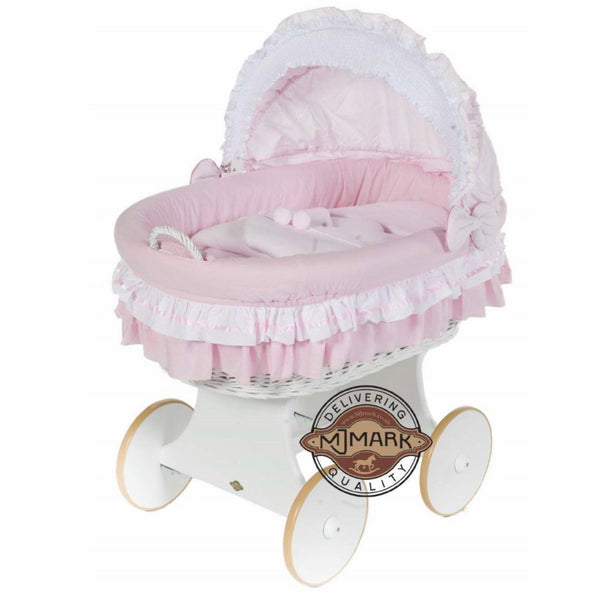 Luna due . White basket pink snuggle pod bumper mattress and hood cot
