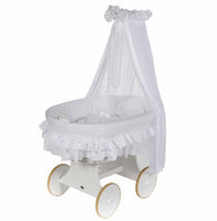 Lulu due . White basket. White snuggle pod bumper mattress and hood cot