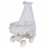 Lulu due . White basket. White snuggle pod bumper mattress and hood cot
