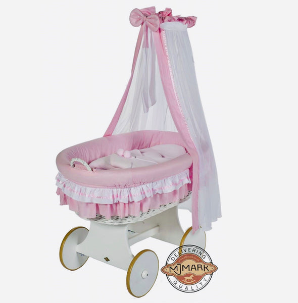 Lulu due . White with snuggle pod bumper mattress and hood cot
