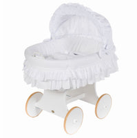 Luna due . White basket . White snuggle pod bumper mattress and hood cot