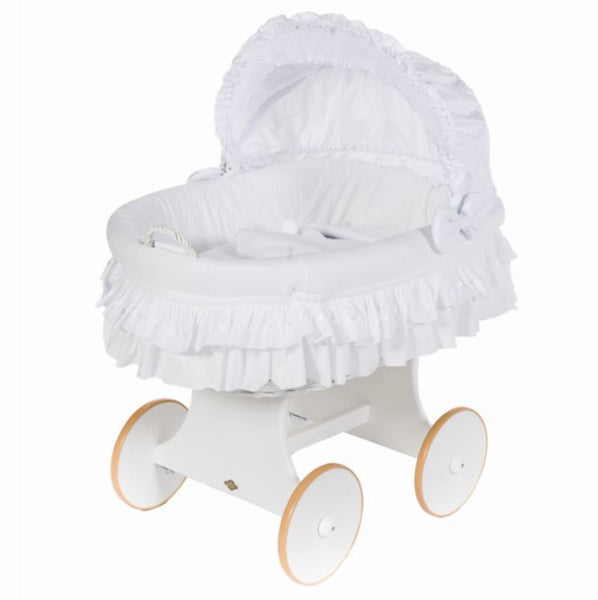 Luna due . White basket . White snuggle pod bumper mattress and hood cot
