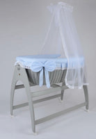 Miranda Quattro. Grey basket . Blue bedding .cot .