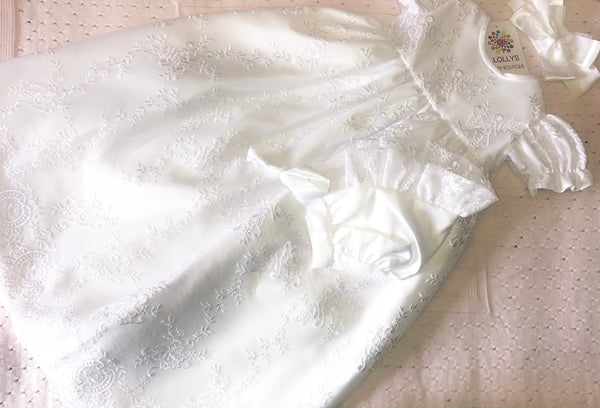 Baby girls Day christening gown with bonnet .